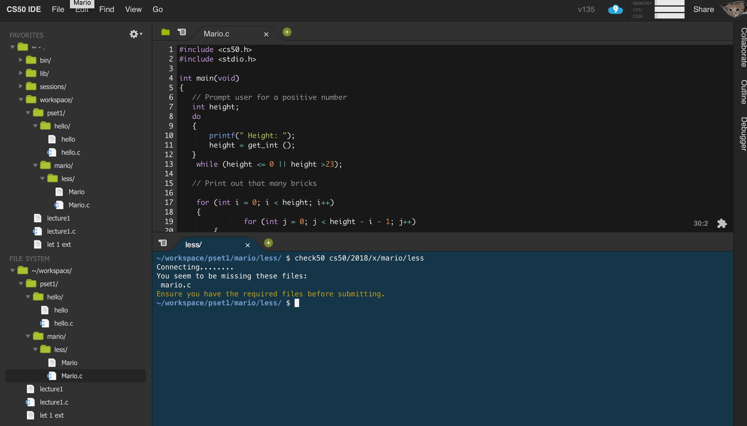 cs50 I can not clear check pset1 Mario less cause "...required files