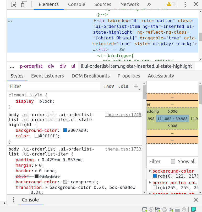 Why I can't change the background color of a PrimeNG orderlist
