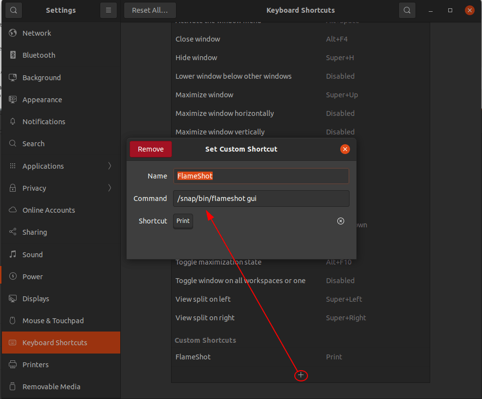 shortcut keys How to change screenshot application to Flameshot on