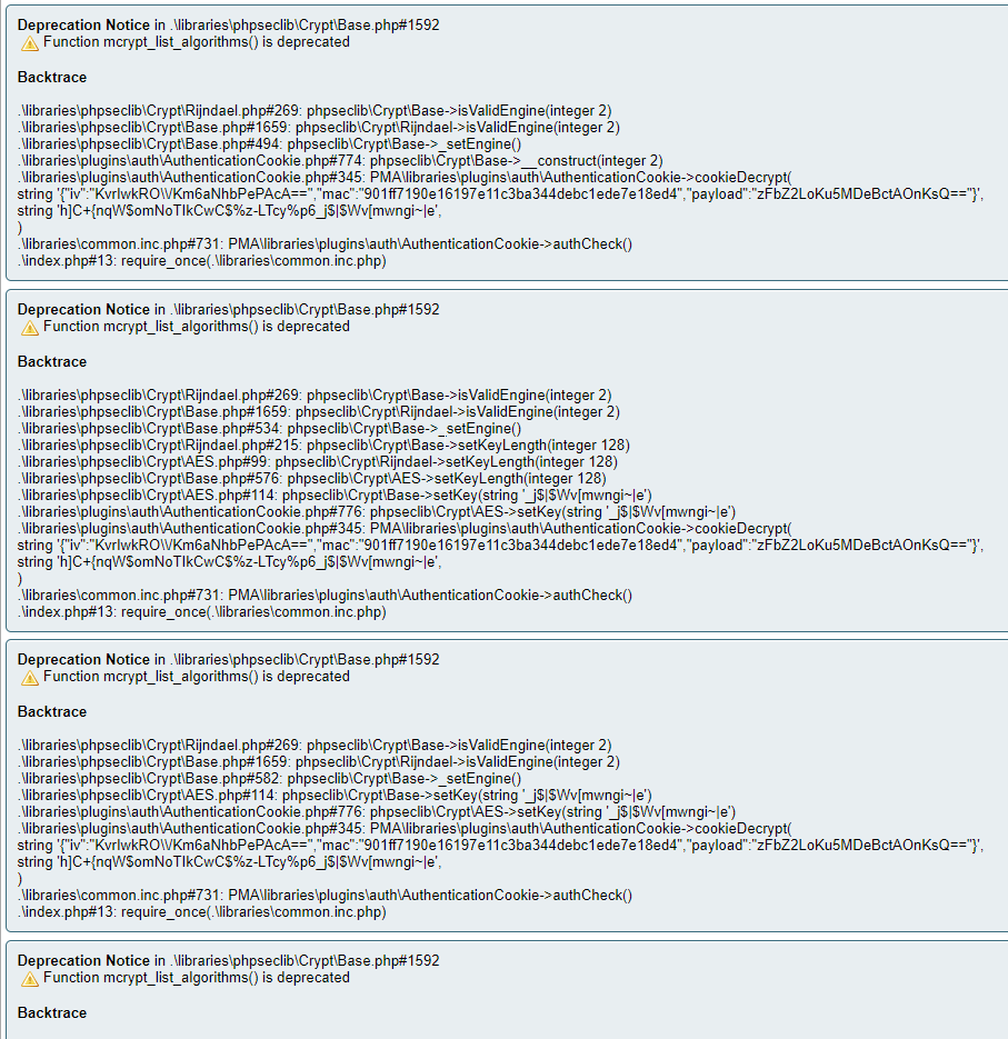 php WAMP Server phpMyAdmin showing loads of Deprecation Notices & errors? Stack Overflow
