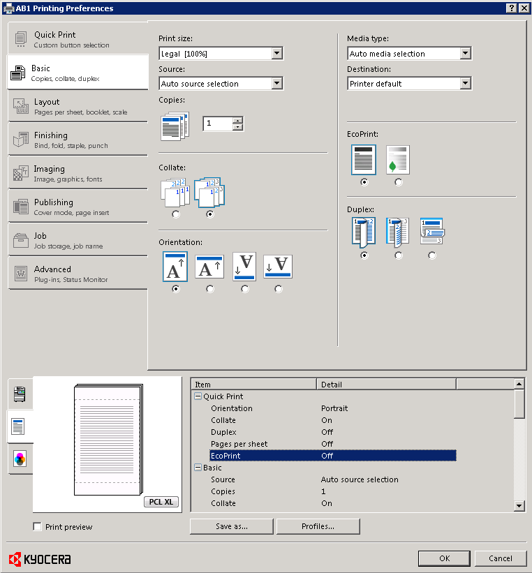 drivers - Kyocera printer preferences dialog box shows different