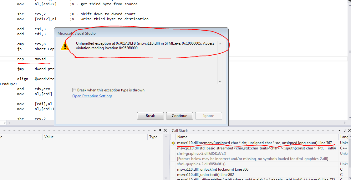 c++ SFML (32bit VS12) Unhandled exception at 0x701ADEF8 (msvcr110.dll) in SFML.exe