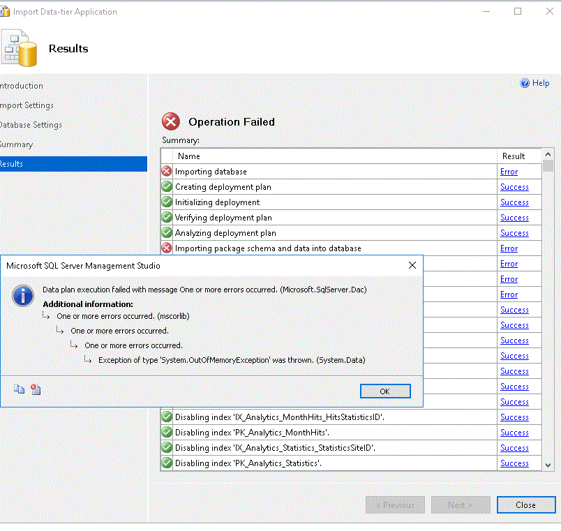 Exception of type “System.OutOfMemoryException” importing BacPac into