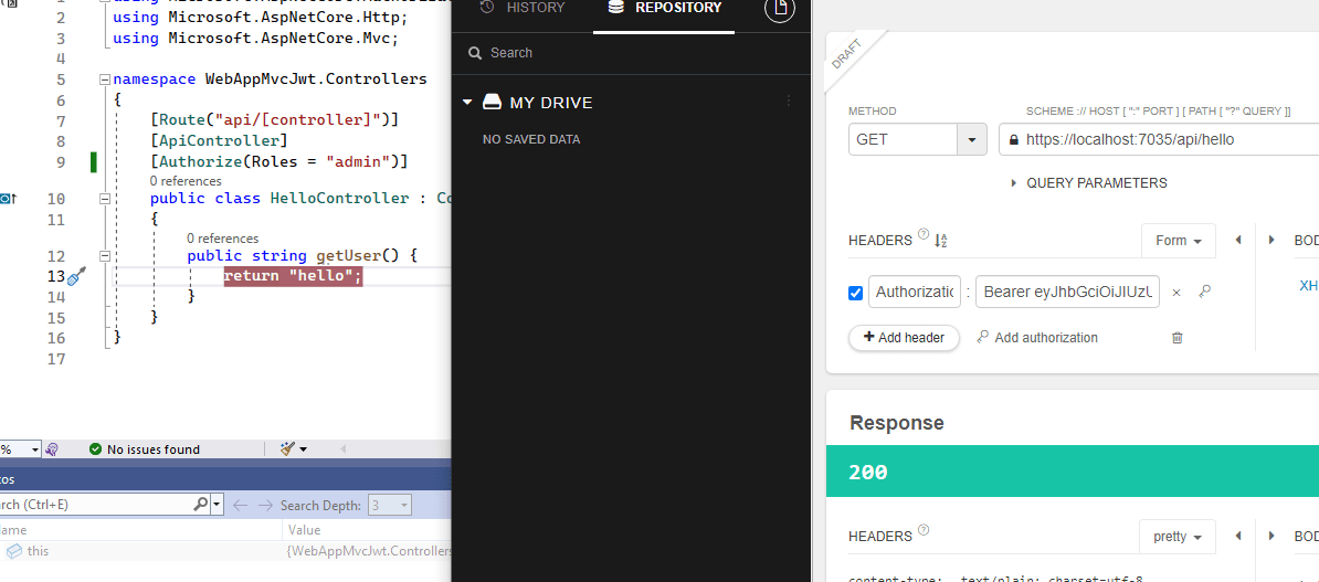 core Role from JWT 401 unauthorized while using Authorized on