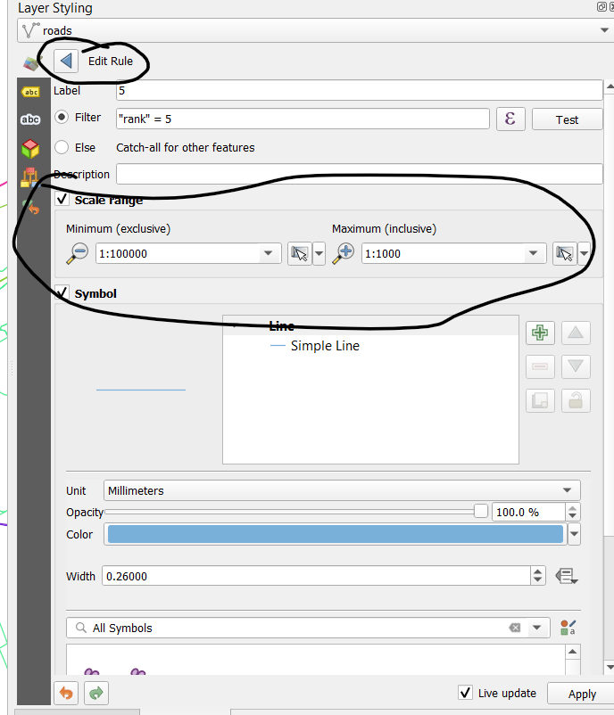 Tying visibility of features to zoom level by attribute in QGIS 
