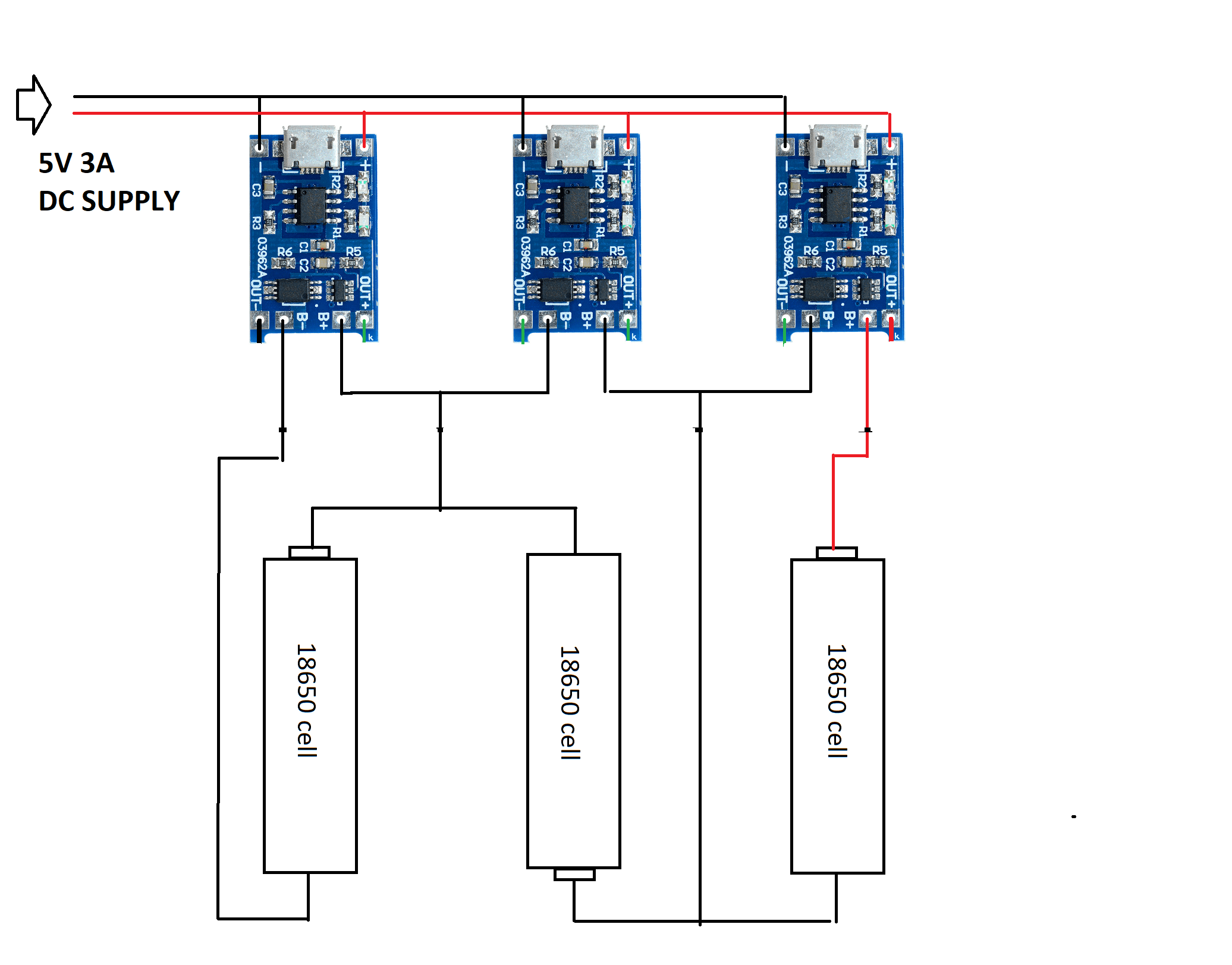 series charging three 18650 batteries with three chargers off the same