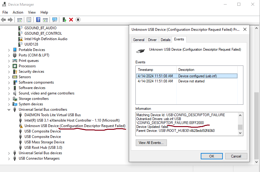 embedded Custom USB device configuration error in Windows Stack