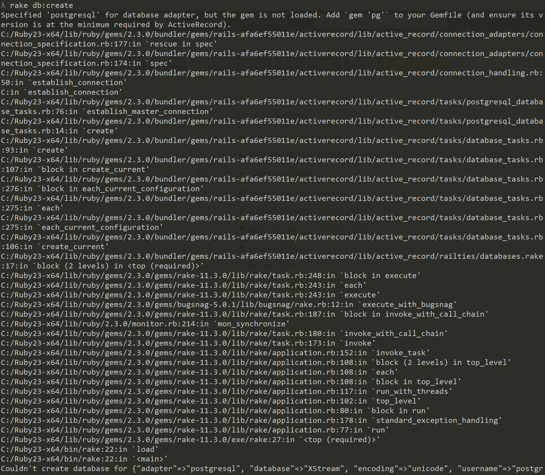 ruby on rails Postgresql, "GemLoadError pg is not part of the