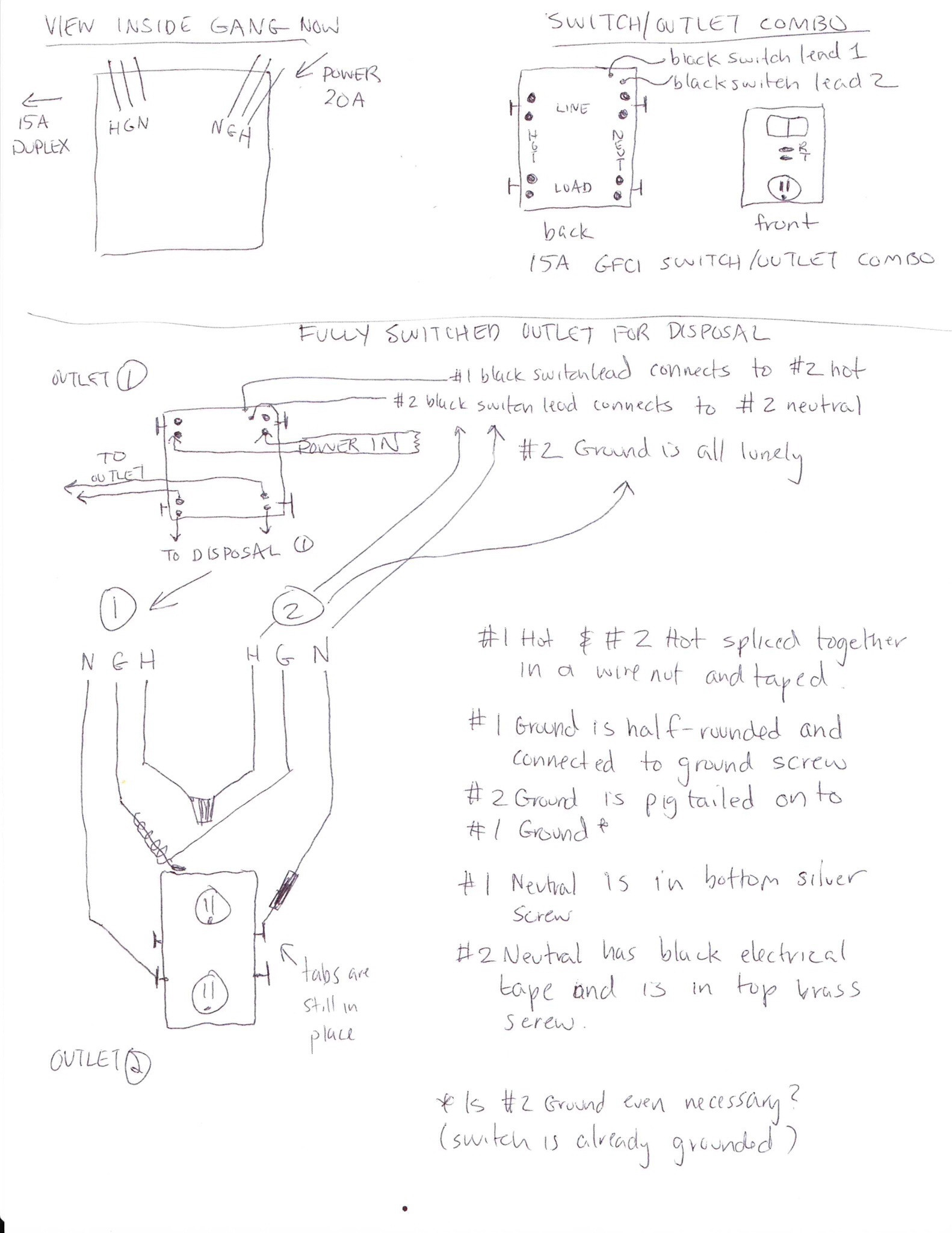 garbage disposal GFCI combination switch and outlet to fully switched protected outlet Home