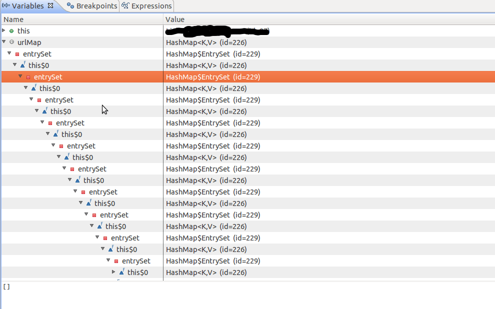java Debugging HashMap shows a recursive entrySet? What is it