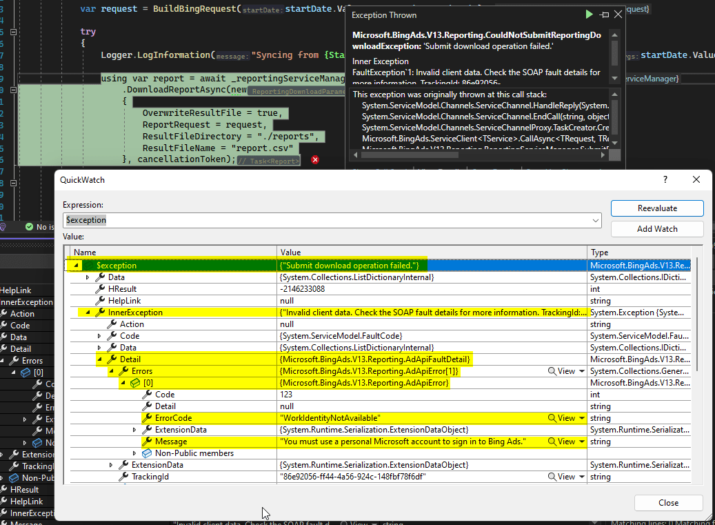 c How to view SOAP fault details from Bing Ads API failure Stack