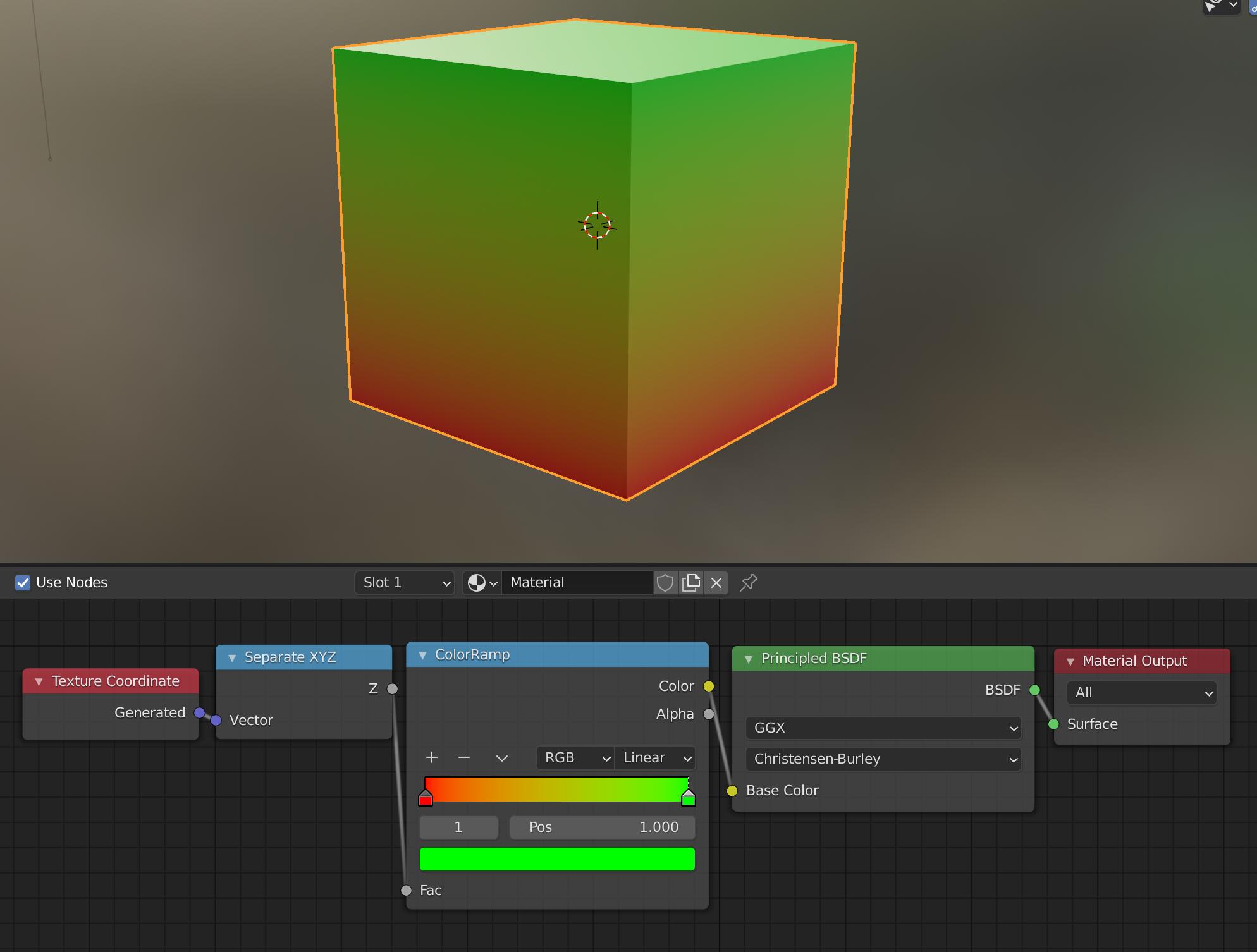 node editor How to create a gradient material across an object's