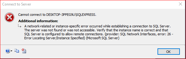 visual studio - Cannot Connect to Server - A network-related or 