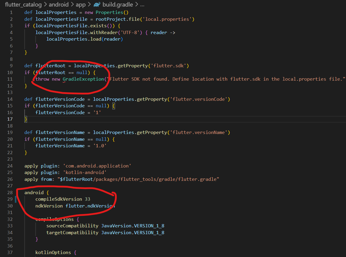 flutter "unable to resolve class GradleException line 11, column 15