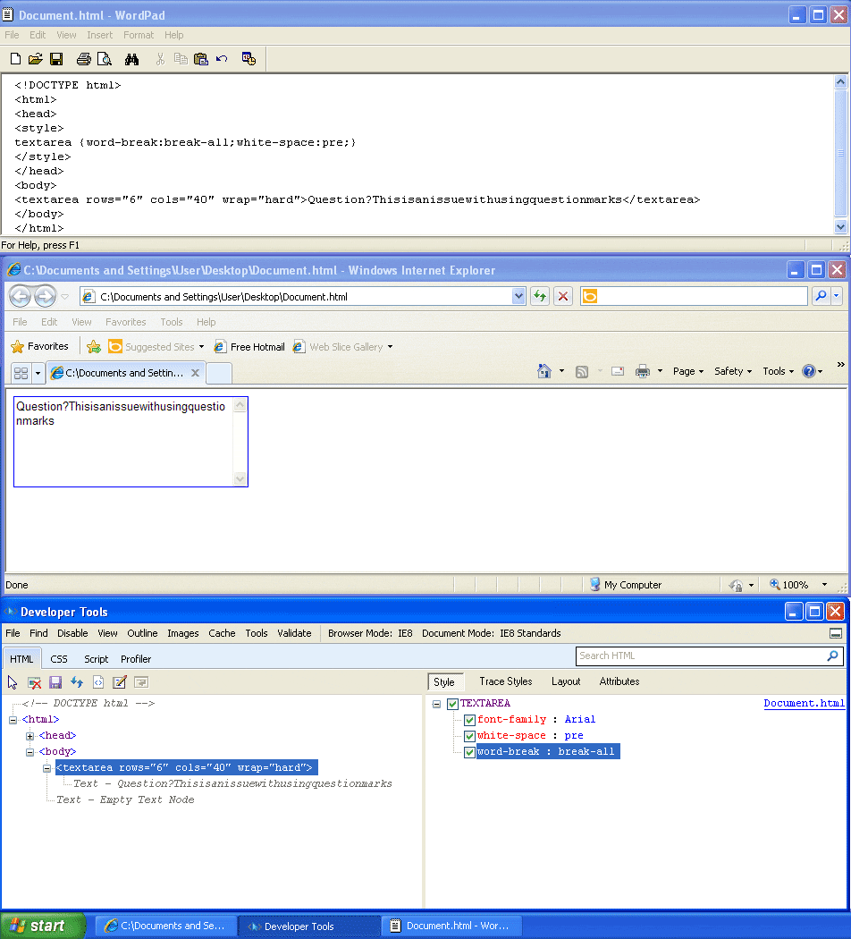 html Textarea line breaks in IE8 with long string of text Stack