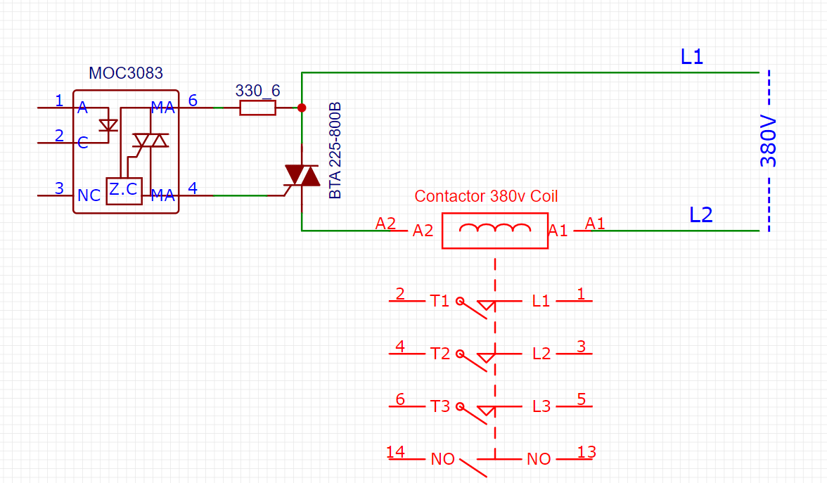 opto isolator Problem to control contactor 380 V coil with TRIAC