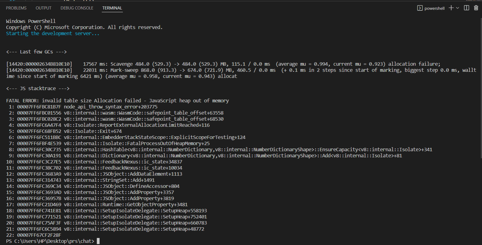 reactjs Getting Error FATAL ERROR invalid table size Allocation