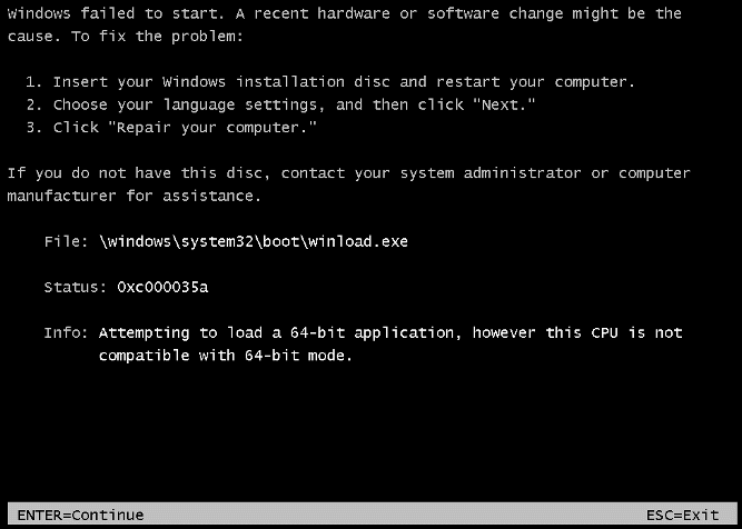 laptop - &ldquo;This CPU is not compatible with 64-bit mode 