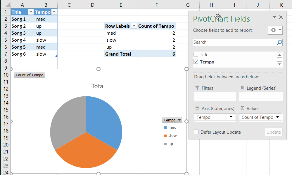 Creating a pie chart illustrating a column of values in Numbers or