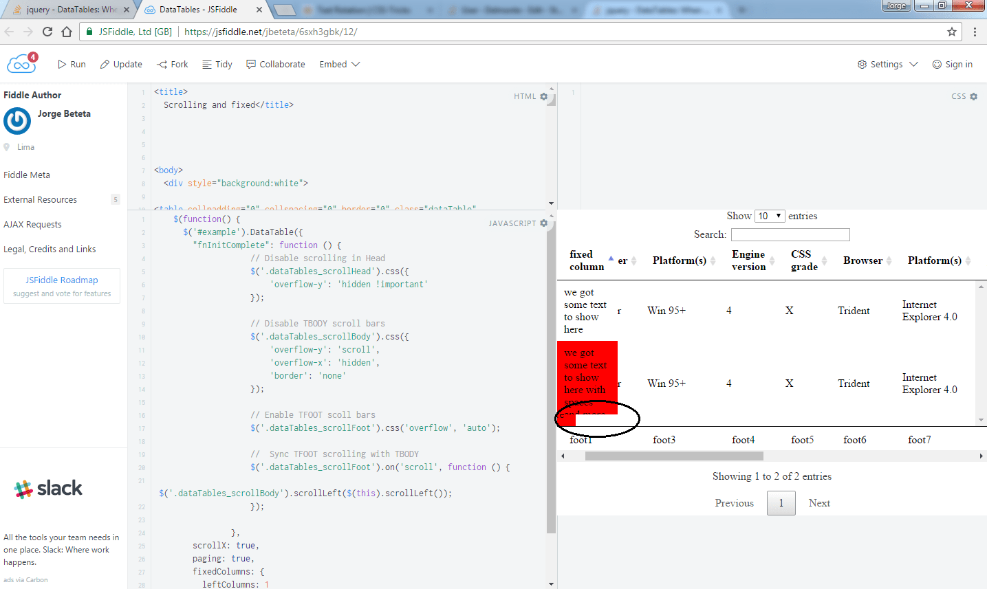 jquery DataTables When scroll bar of tbody is hidden, fixed column