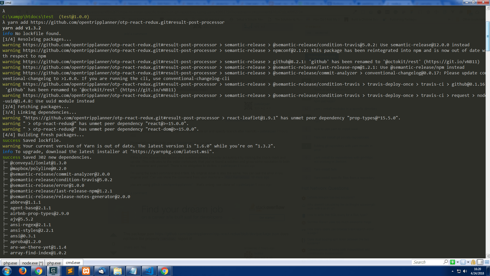 node.js how to install specific branch of git repository using yarn