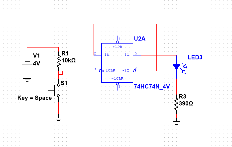 flipflop Issue converting push switch to toggle action using a DType