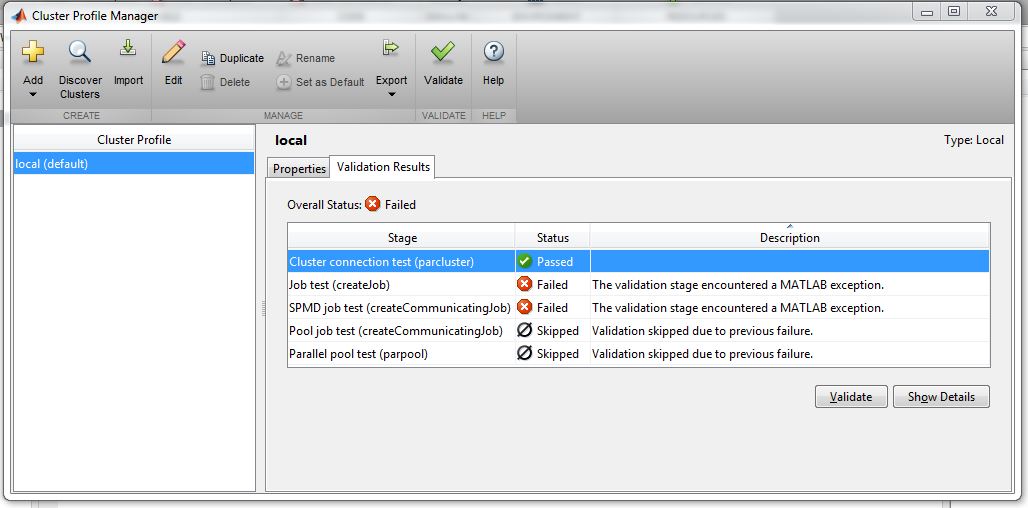 hadoop Failed to start a parallel pool using the 'local' profile in