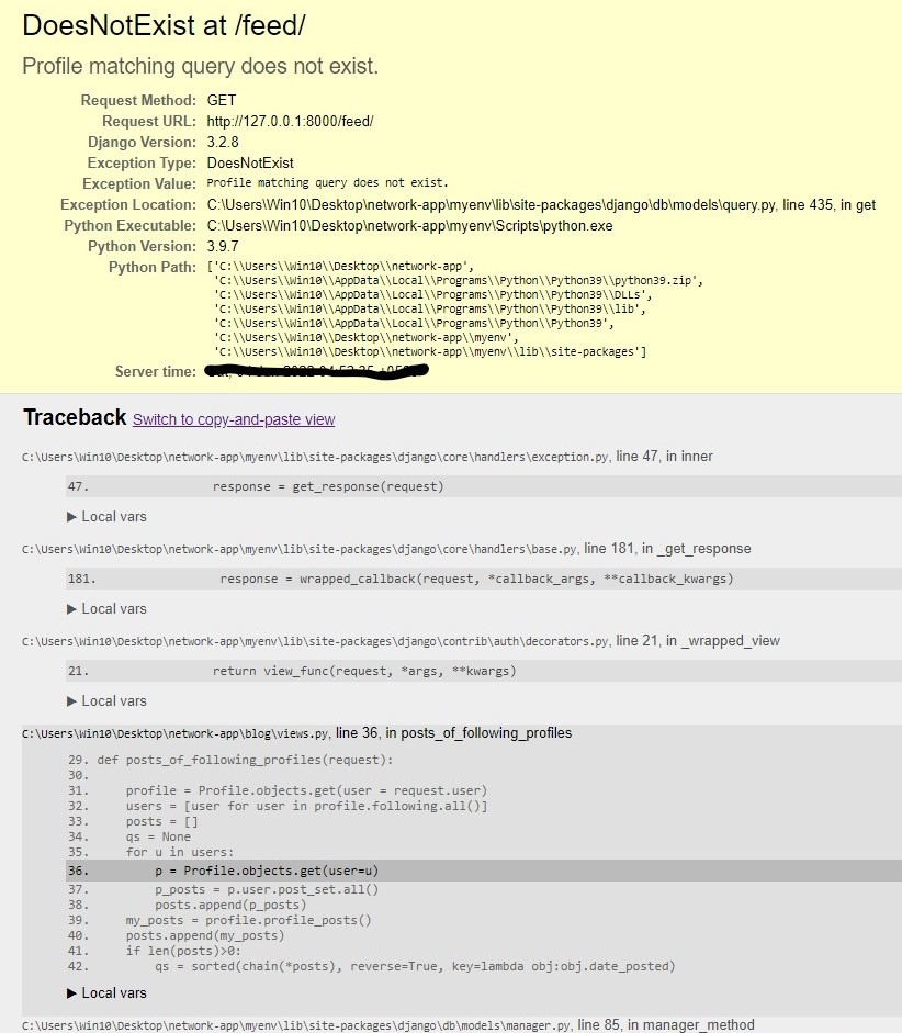 python Django Error Profile matching query does not exist Stack