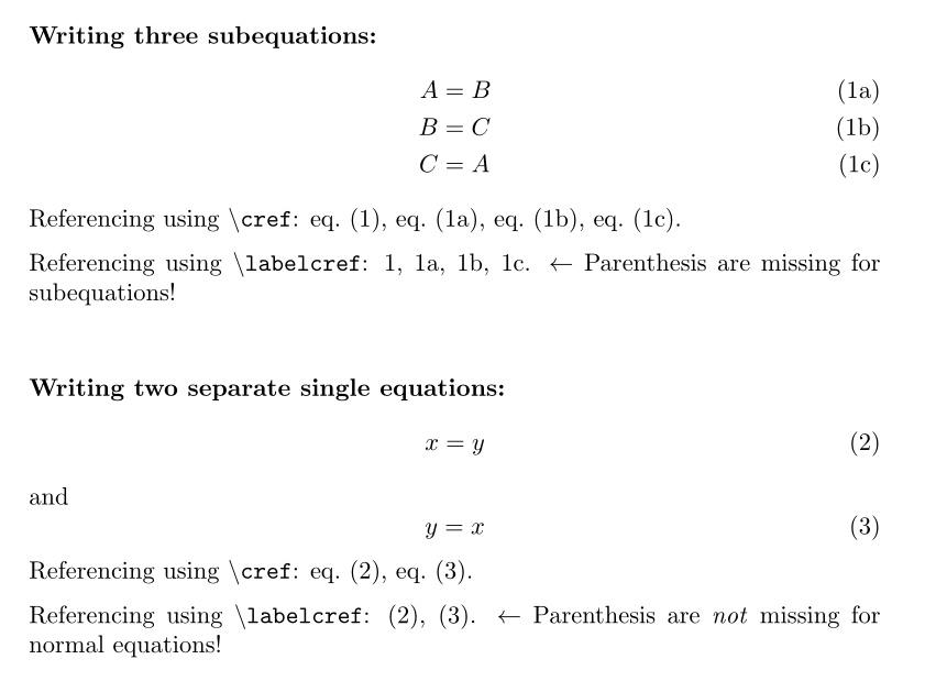 equations Cleveref Parentheses around references to subequations