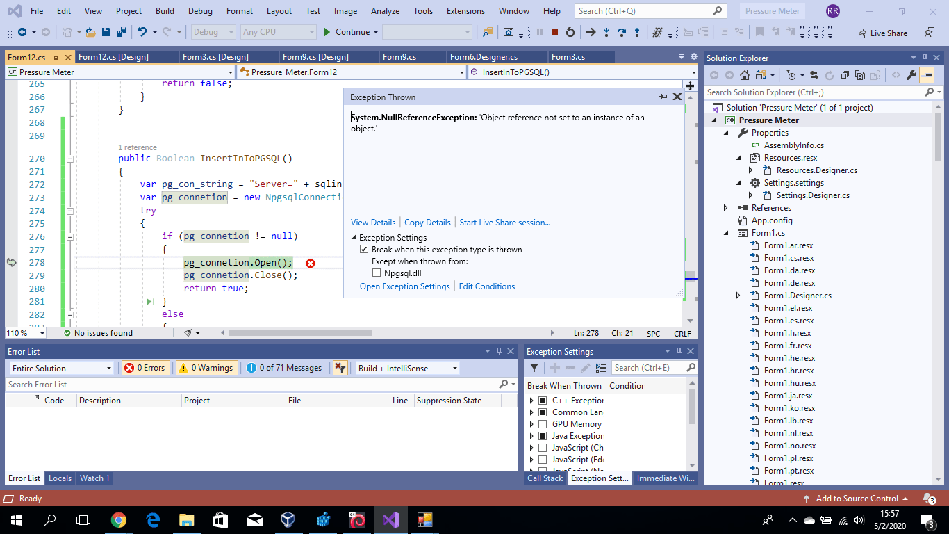 postgresql C Npgsql connection checker Exception Throw System