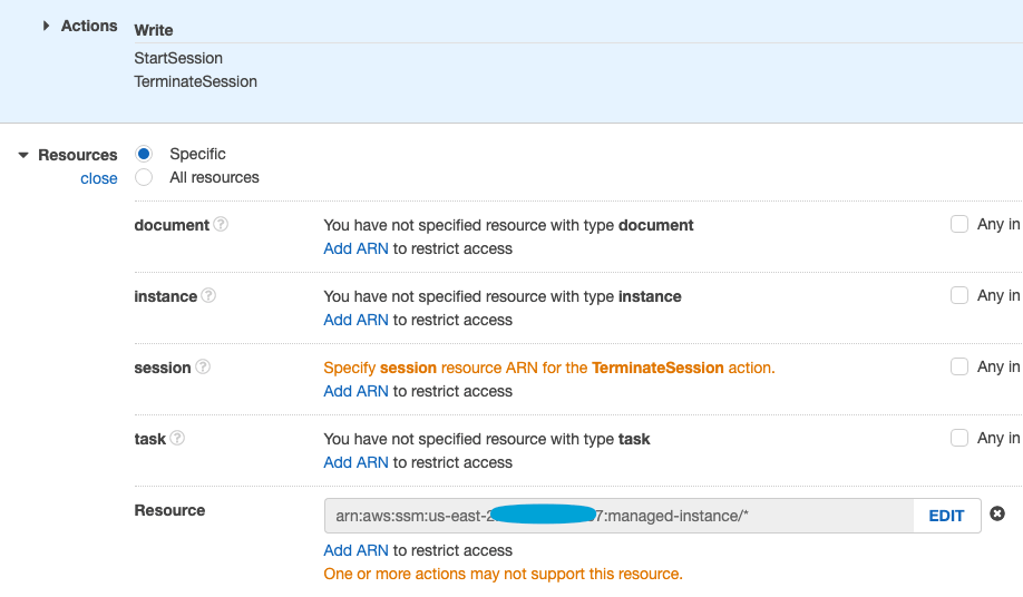 amazon web services AWS IAM Policy applying restrictions to managed instances invalid ARN