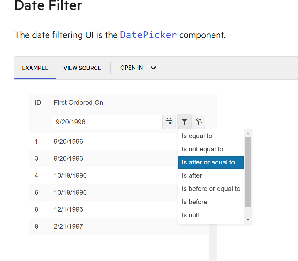 typescript How to change default operator for a date filter in a