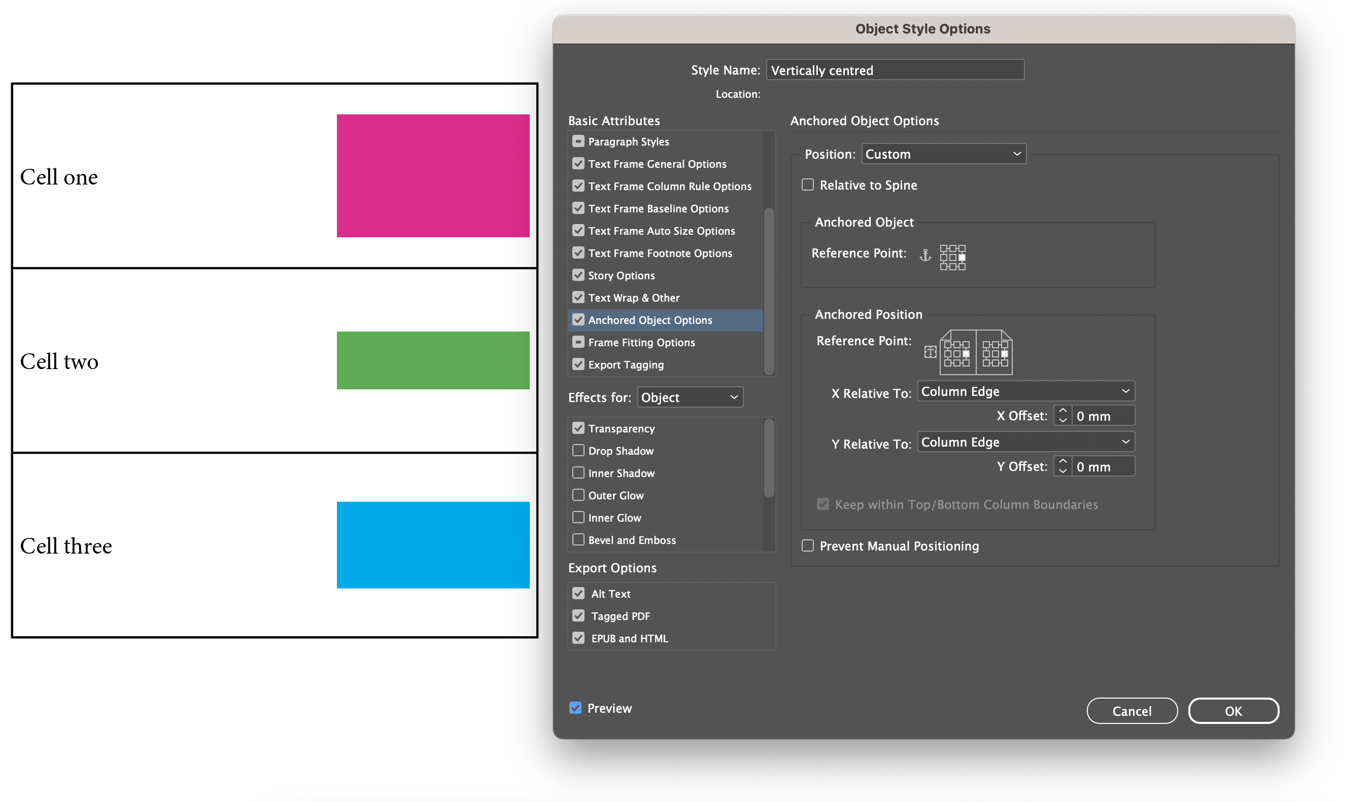 alignment Indesign, table How to horizontally align text and object