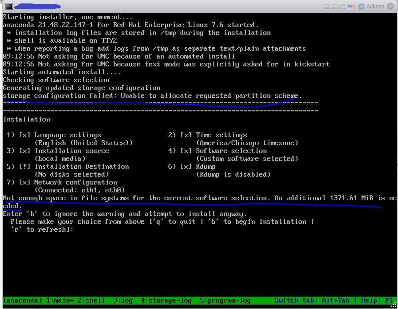 iso Kickstart install, RHEL "storage configuration failed...... not enough space in file