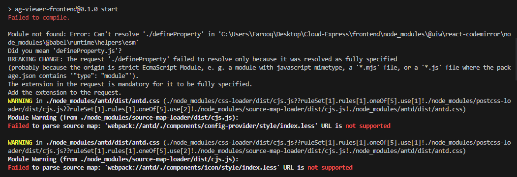 reactjs - error in npm start while running AGCloud Project in 