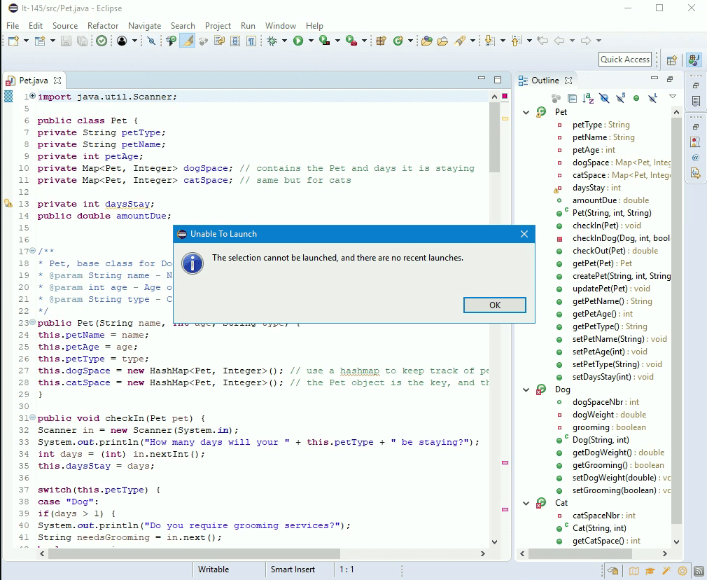 Pet BAG Assignment(Class file in Java)Cannot run the program in