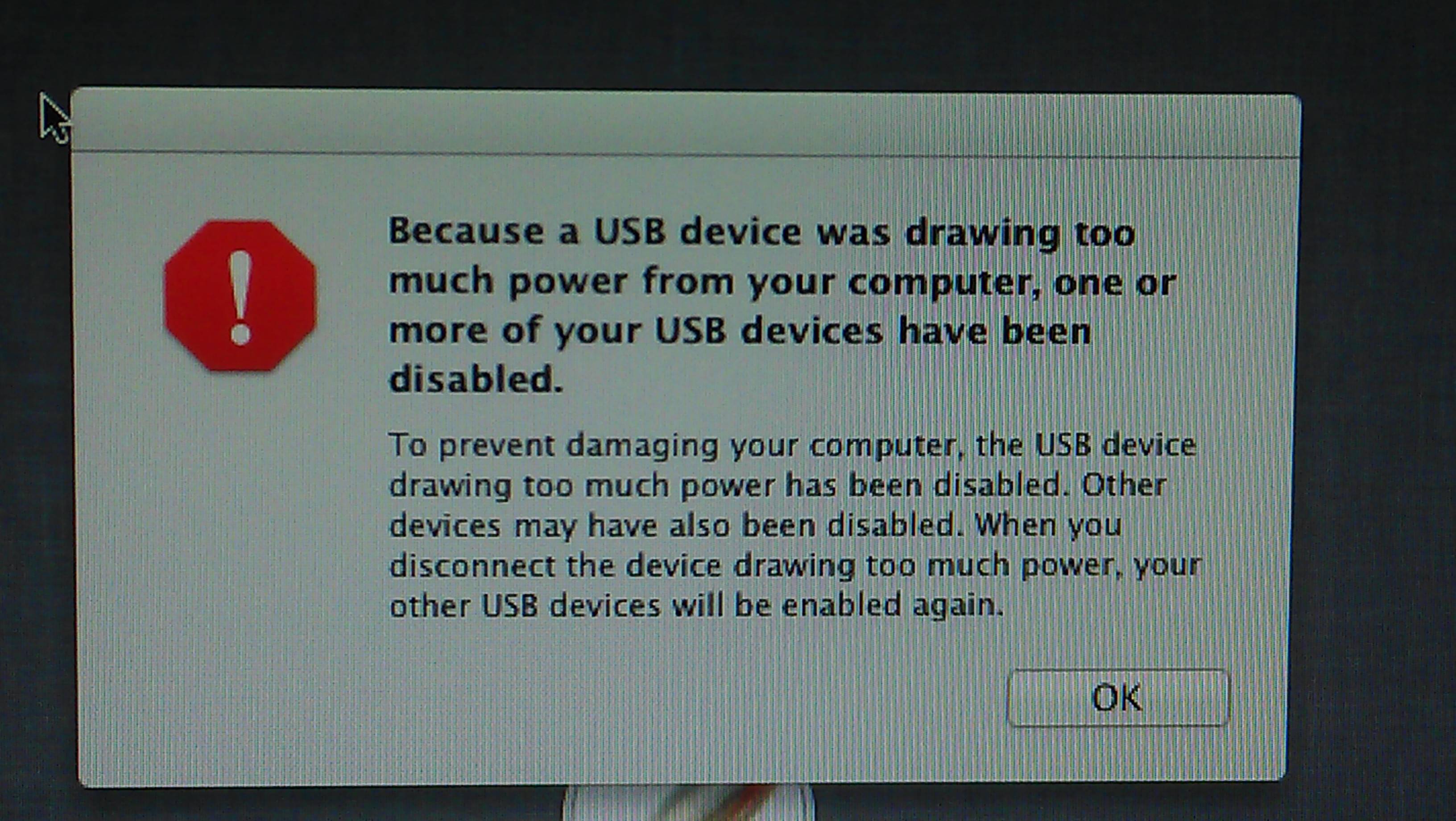 macos "USB device drawing too much power" error on startup with no