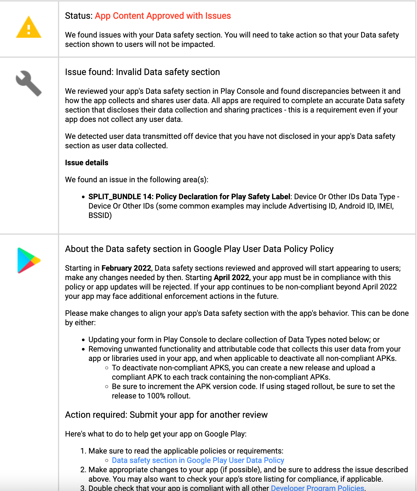 android - Issue found: Invalid Data safety section. How to fix 