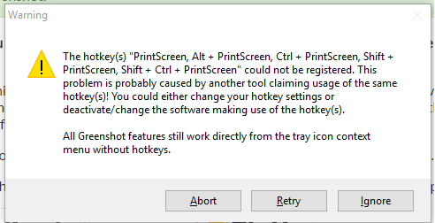 windows 10 - Greenshot: The hotkey(s) &ldquo;PrintScreen, Alt + 