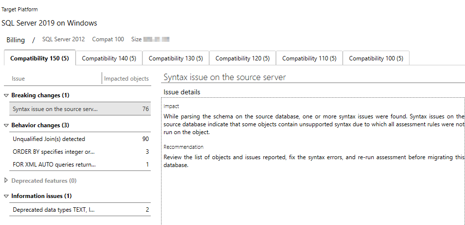 Data migration assistant showing breaking changes/ behaviour 
