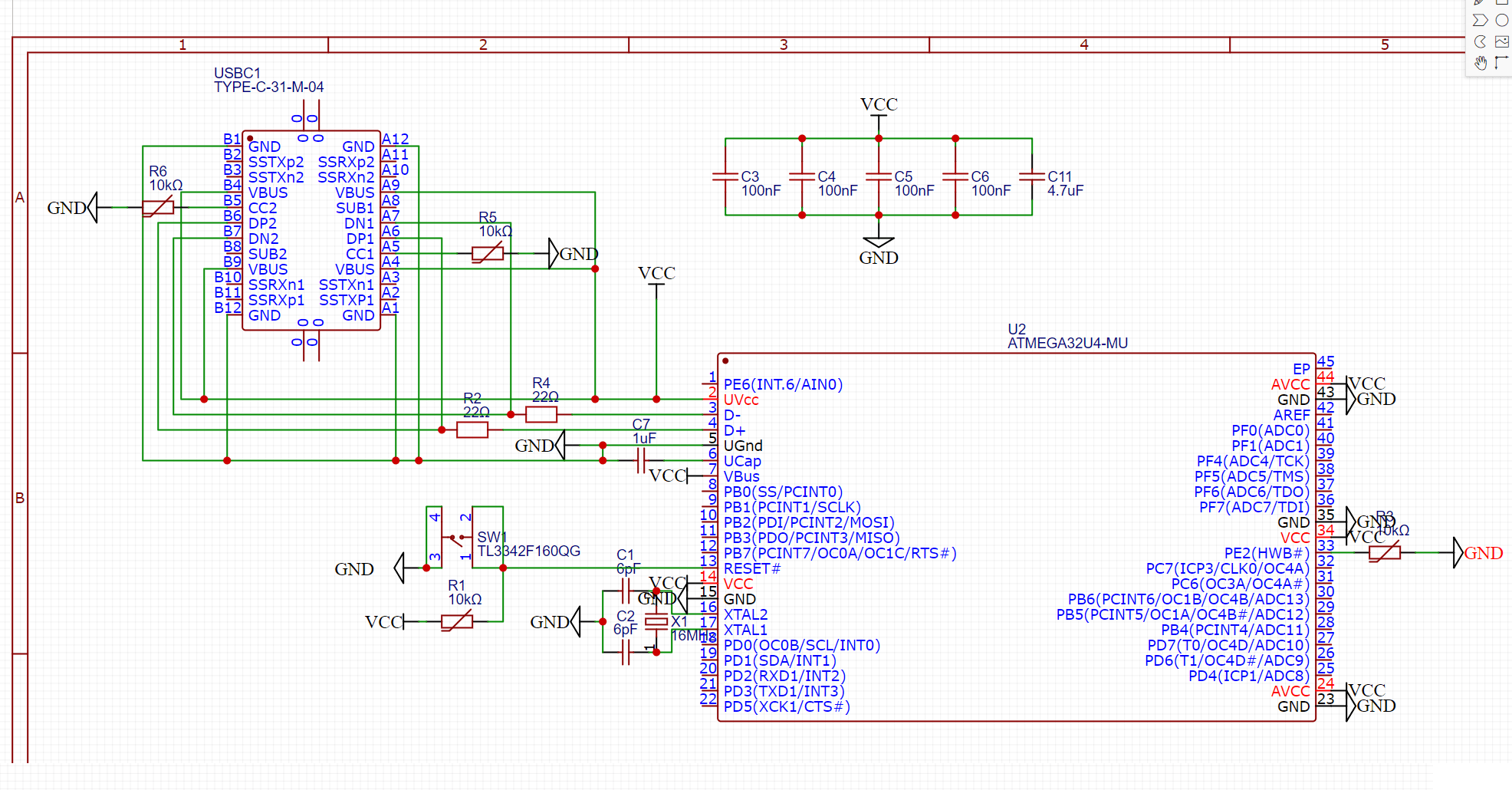 schematics - Connecting USB-C port with ATmega32u4 - Questions
