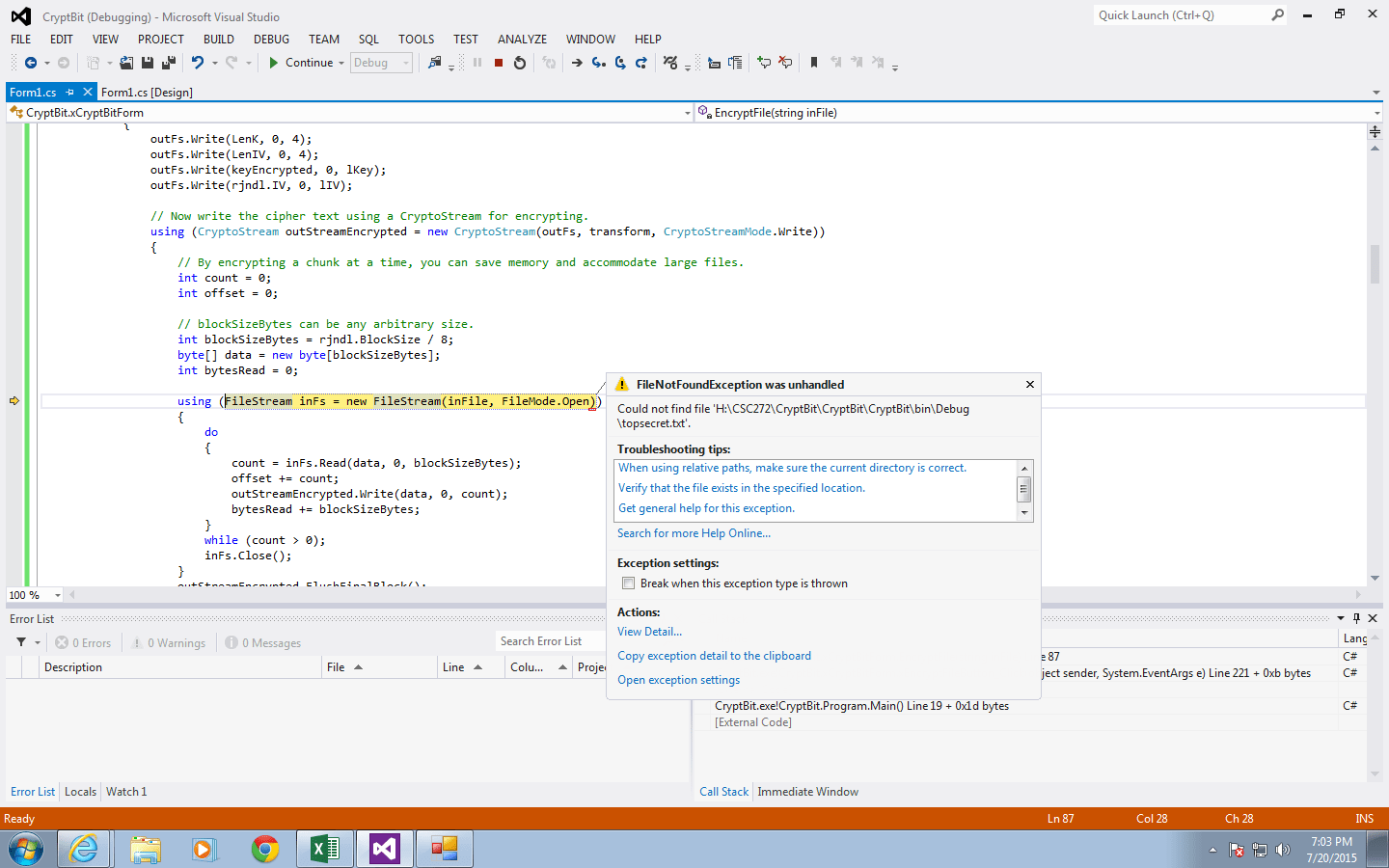 c FileNotFoundException when using FileStream to Encrypt Stack