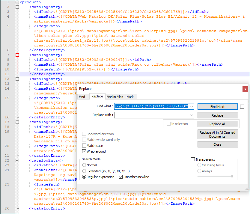 find and replace Notepad++ XML Delete Tags Conditionally Based on