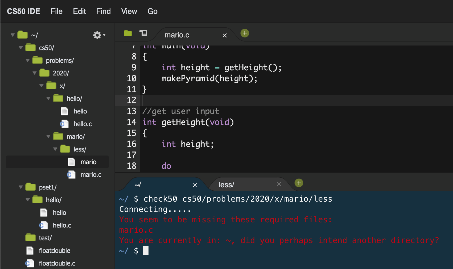 2020 cs50 problem set 1 mario. check50 command returns error 'You