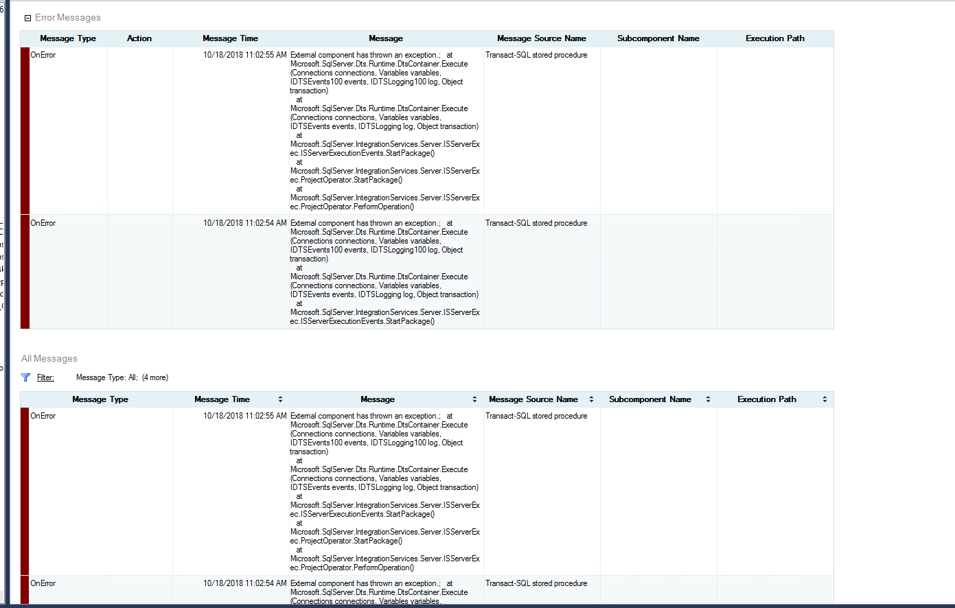 ssis External component has thrown an exception at microsoft sql server Dts runtime Stack