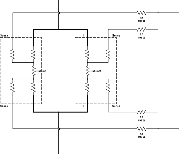current How to parallel shunt resistors with 4terminals (Kelvin