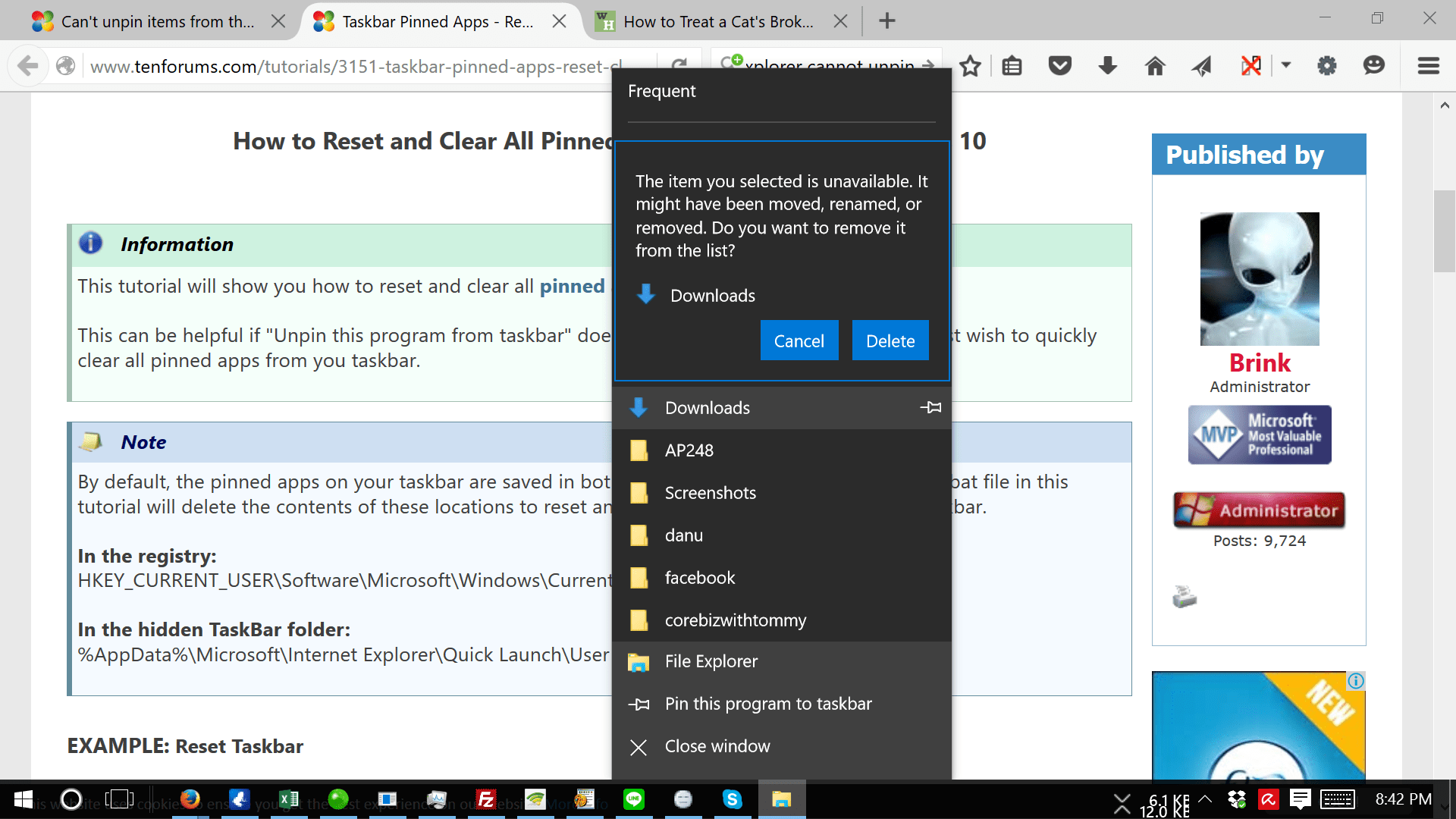 Why I cannot unpin some directories from file explorer in windows 10