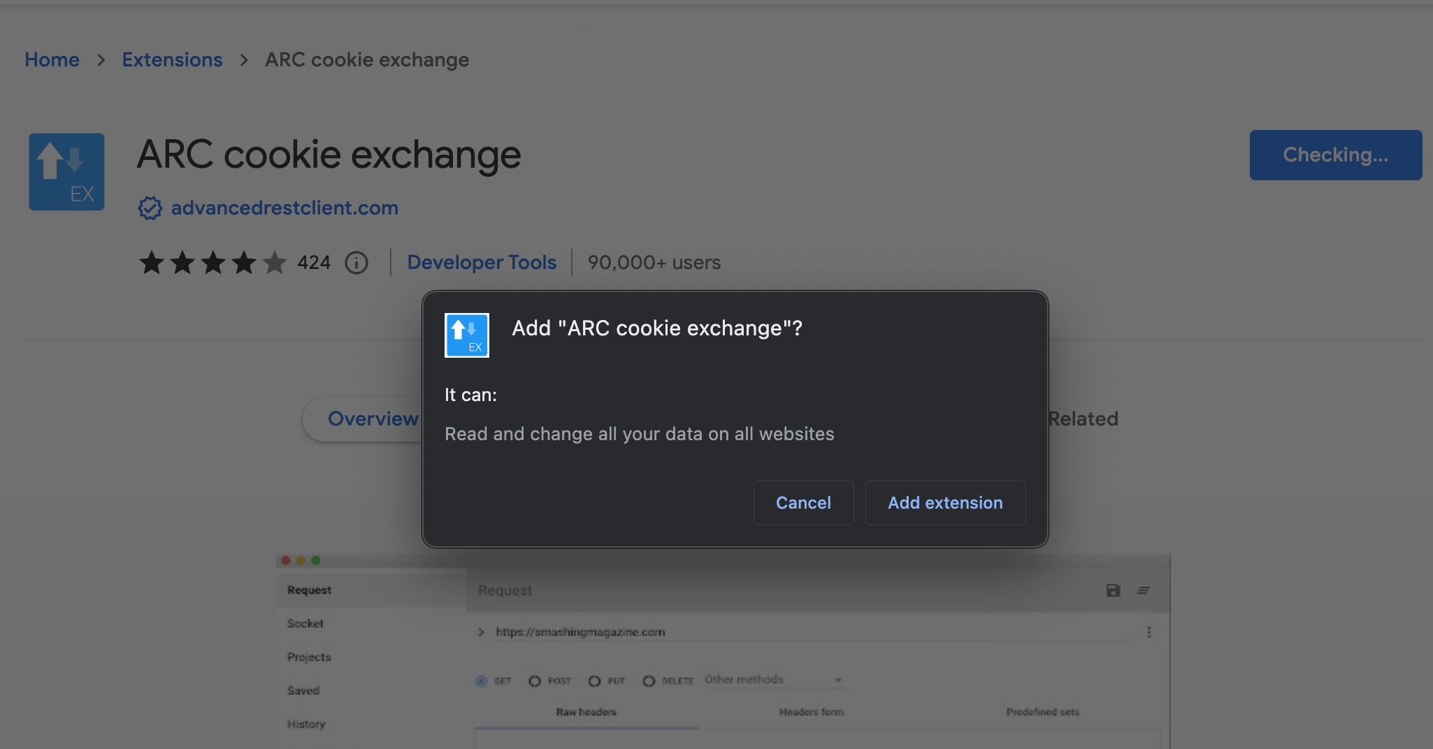 javascript Unable to detect 'Add Extension' popup in chrome web store