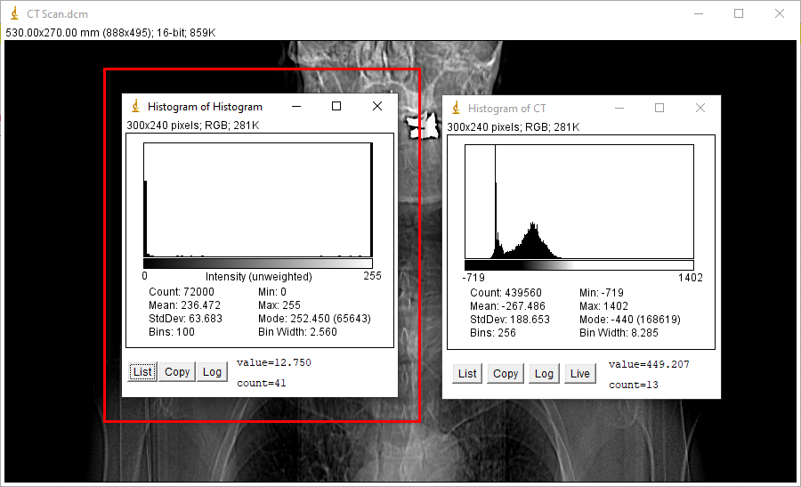 java ImageJ Why Max, Min value change when I change Histogram Bins