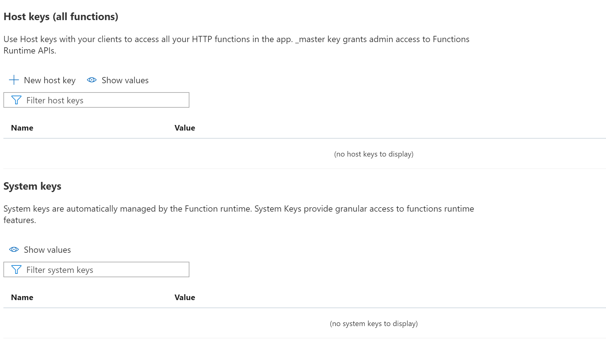 azure ARM template deployed function app has no host keys and throws